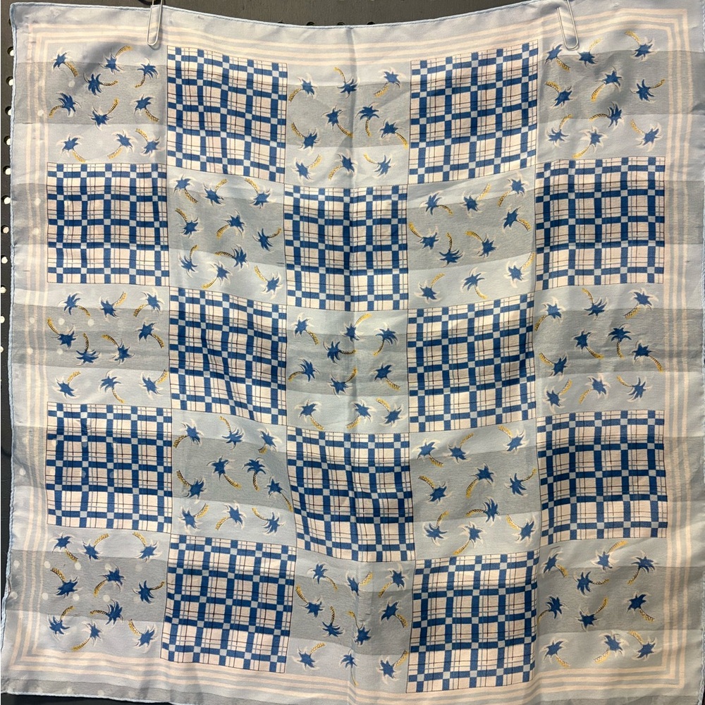 Blue and White Checkered Scarf with Palm Tree Design
